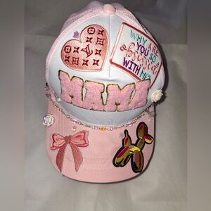 Pink and White Butterfly Embroidered Hat with Bow Accents